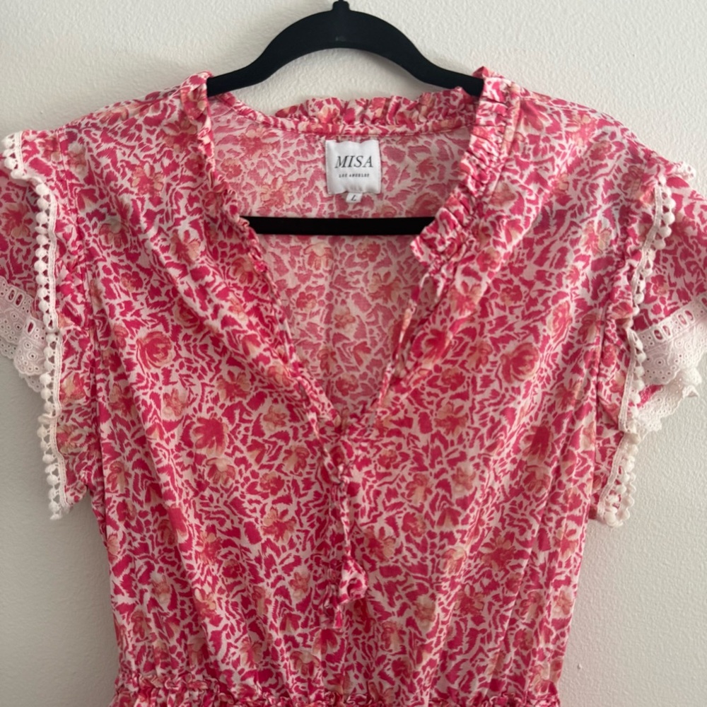 MISA Los Angeles Lilian Pink Floral Lace Trim Ruffle Mini Boho Cottagecore Dress - Picture 6 of 9